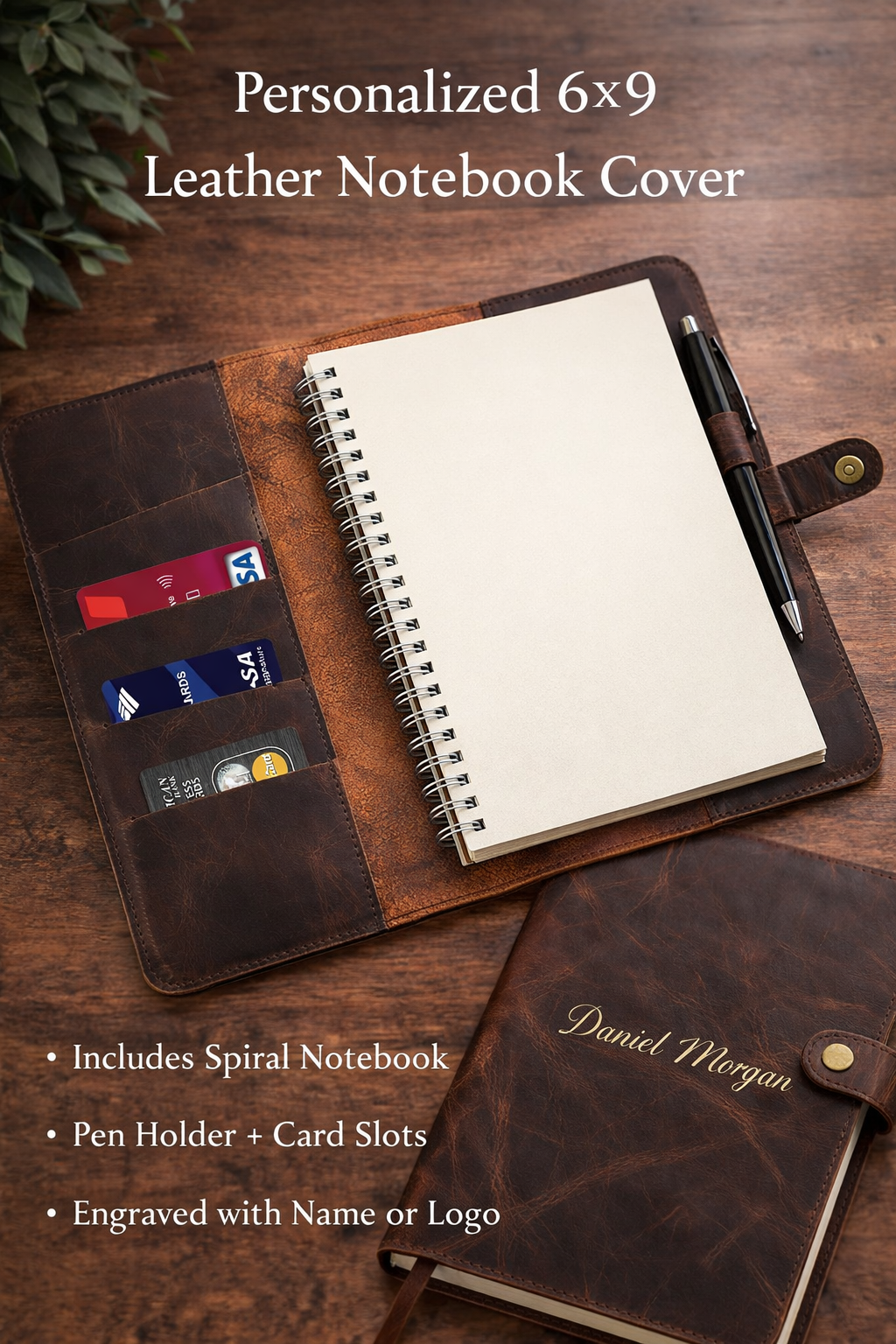 Personalized 6x9 Leather Notebook Cover with Spiral Notebook