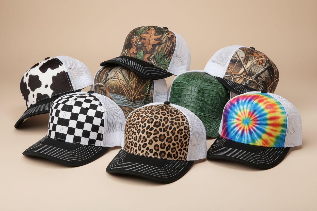 please make a group of richardson 112 hats all grouped together with a neutral background. each hat needs to have a cool design on the front. the back can be mesh. designs like cow print, camo, alligator, duck camo, checkered, etc. no patches 